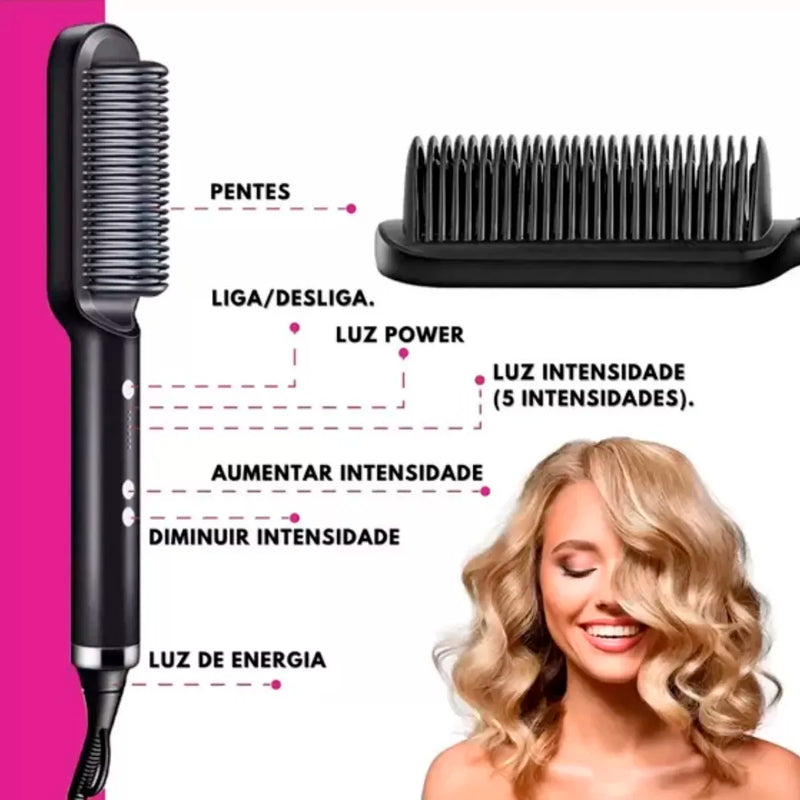 Escova Alisadora 5 em 1 | Alisa, Seca, Hidrata, Modela e Anti-Frizz | Bivolt